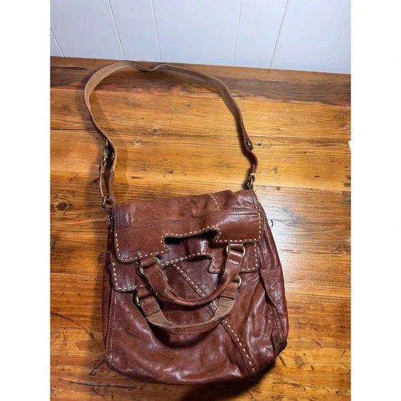 Lucky Brand Brown Leather Boho Distressed Satchel Crossbody Bag Slouchy - Picture 2 of 15